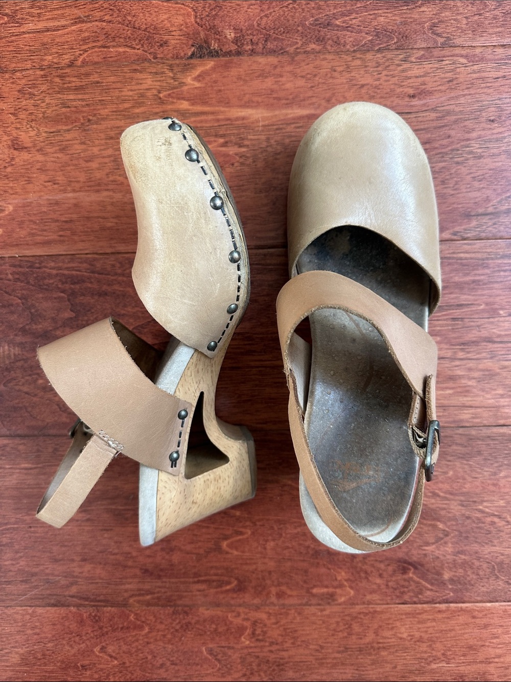 Dansko Tan Leather Clog Mules with Buckle Strap